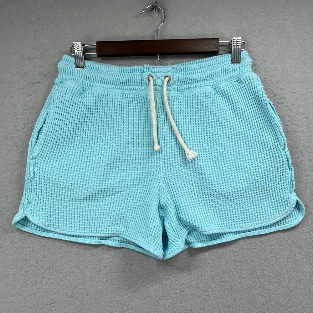 Aerie Waffle Knit Lounge Shorts Womens XS Blue Dolphin Hem Drawstring Thermal